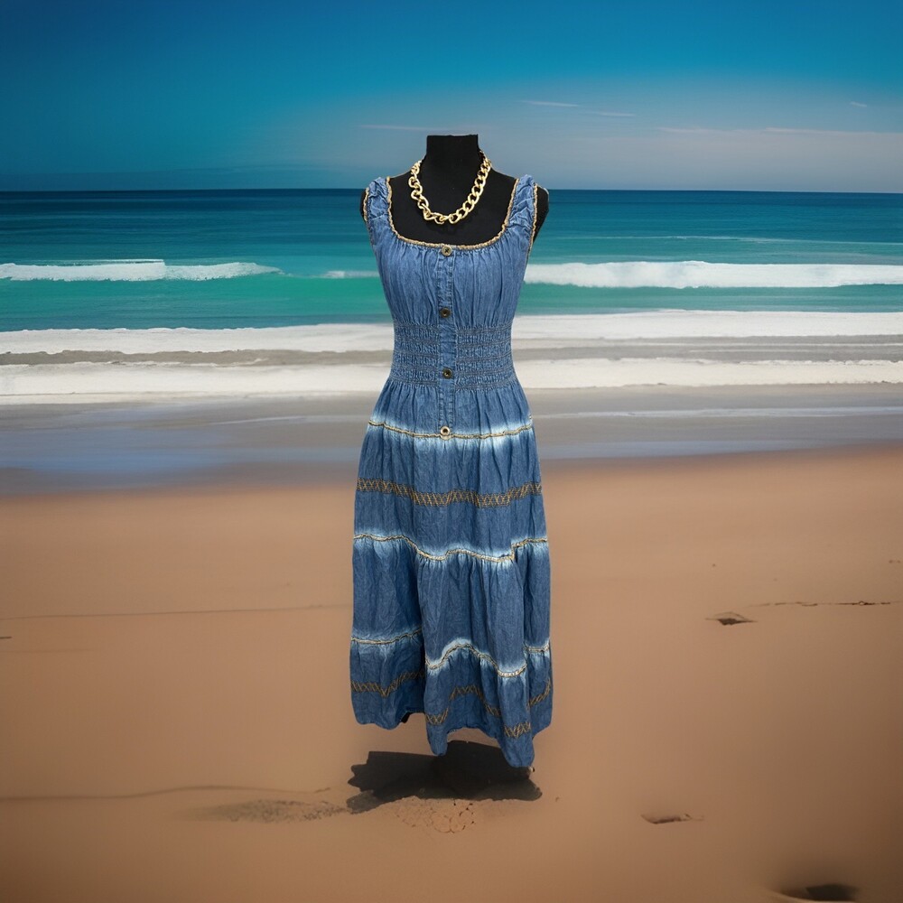 Lapis Women Sleeveless Denim Embroidered Maxi Dress Sz L Blue Tiered Boho Summer